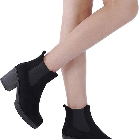 Women's High Chunky Heel Chelsea Ankle Boots Slip On Elastic Fall Heeled Booties - Picture 5 of 6